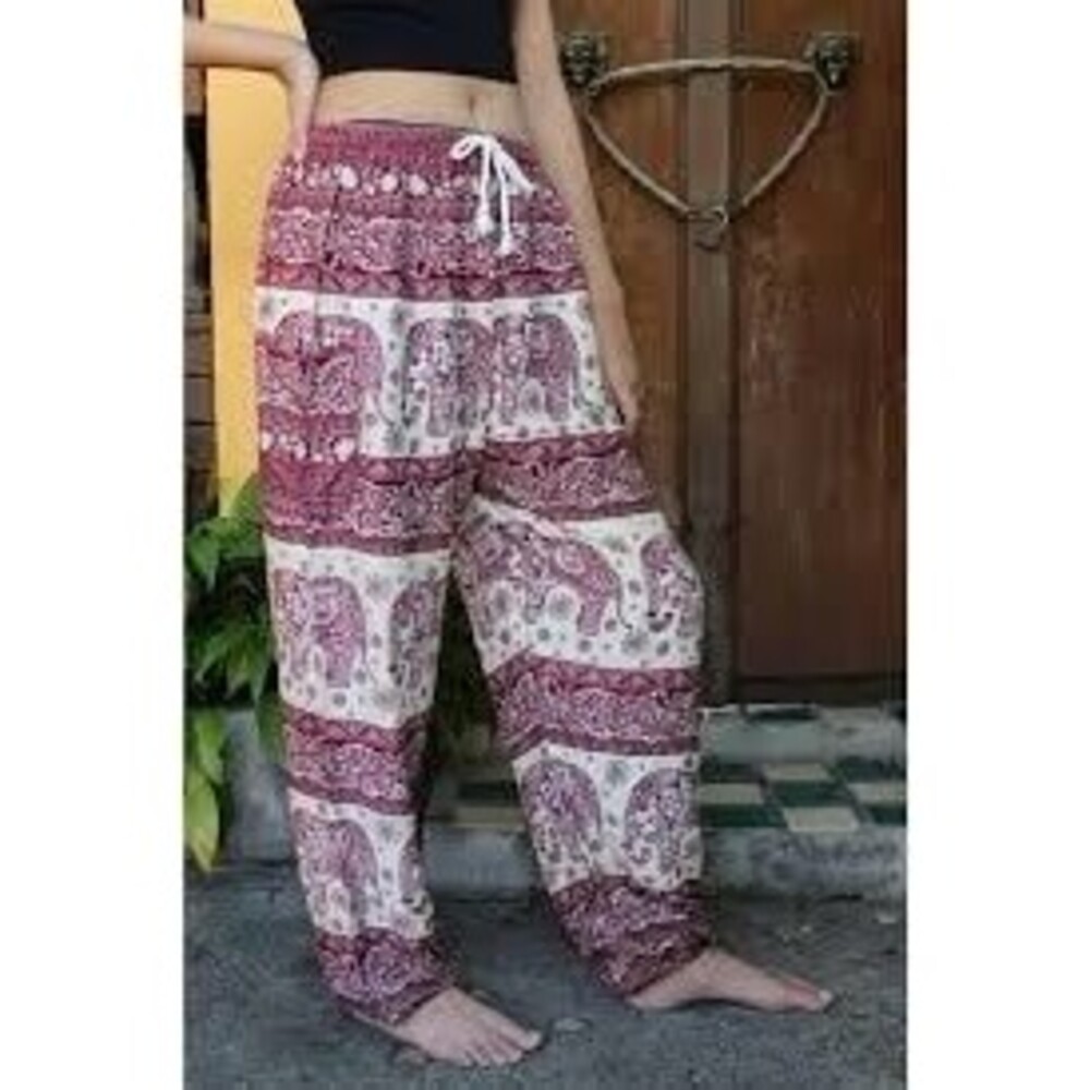 Women's Thai Henna Elephant Bohemian Pull On Side Pockets Harem Jogger Pants S
